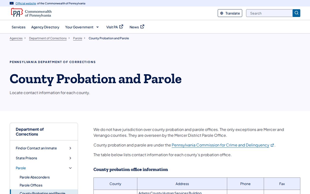 Northampton County probation and parole office directory